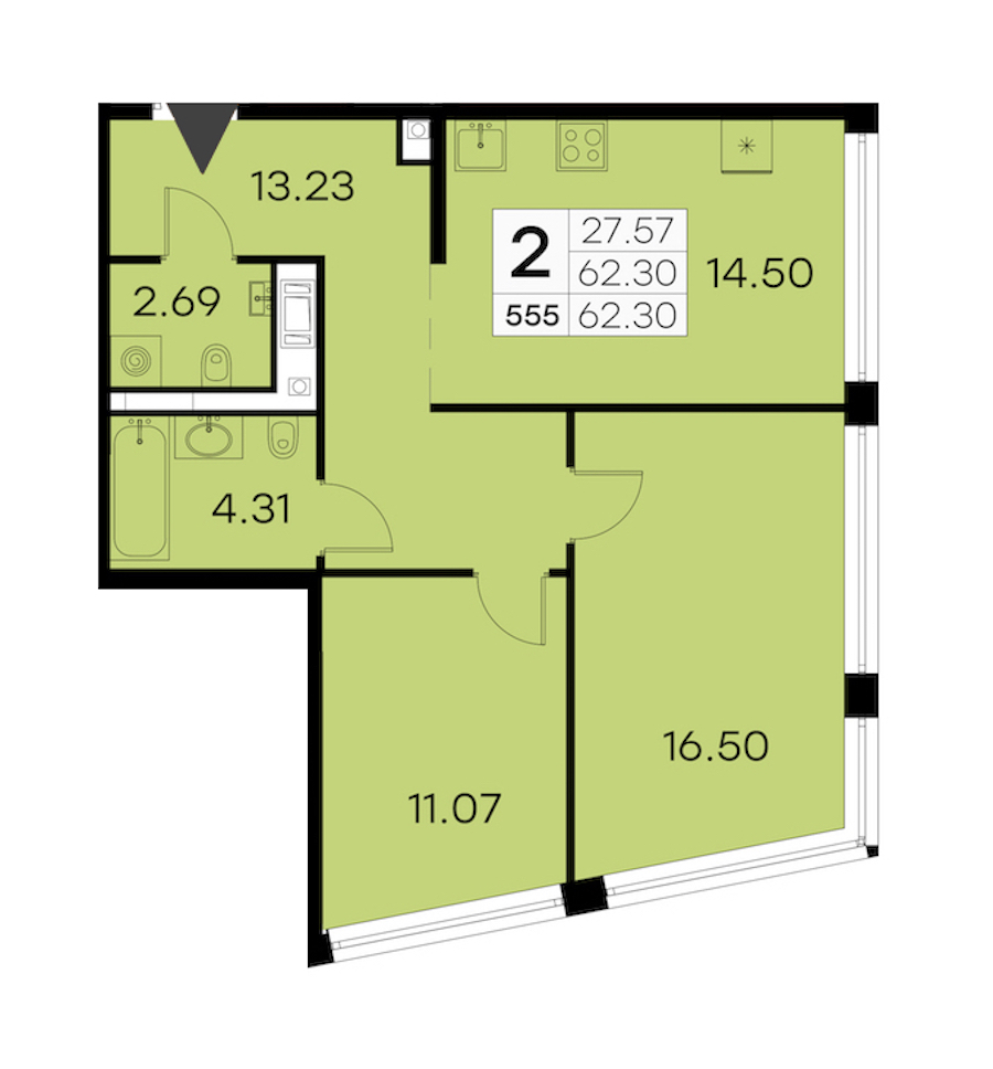 2-комнатная квартира 62.3 м², 16/19 эт., ЖК «GloraX Aura Vasileostrovsky»